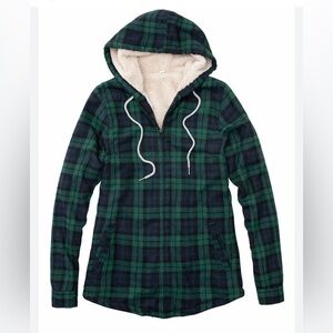 Fleece Lined Green Plaid Hooded Jacket Large
